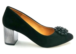 Piękne czółenka na słupku czarny zamsz 24E kryształki