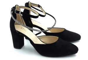 Czółenka z paskiem brokatowym na słupku 7 cm Karollo Violli czarne 659