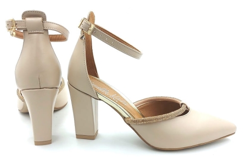 Czółenka zapinane z paskiem na słupku 8 cm Karollo Violli nude beż 2228 złote paski (3).jpg